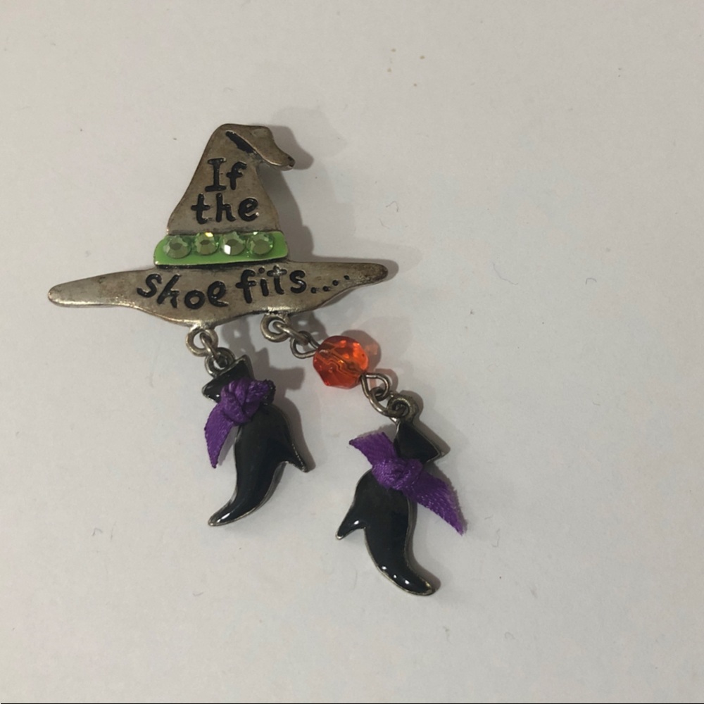 Halloween Brooch TC Silver Witch Hat Brooch with Black Shoes and Orange Accents